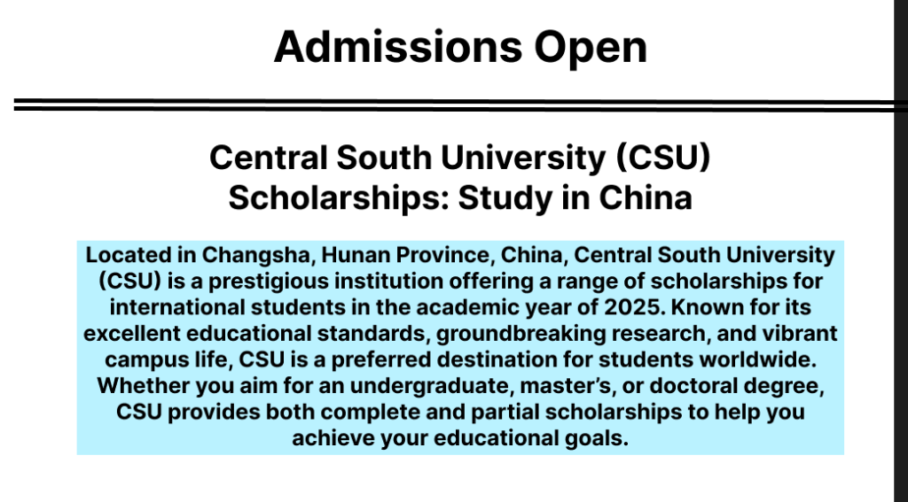 Central South University (CSU) Scholarships in China