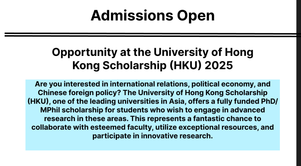 Opportunity at the University of Hong Kong Scholarship (HKU) 2025