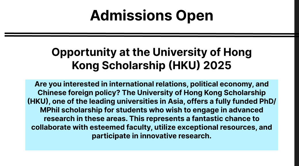 Opportunity at the University of Hong Kong Scholarship (HKU) 2025