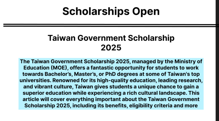 Taiwan Government Scholarship 2025