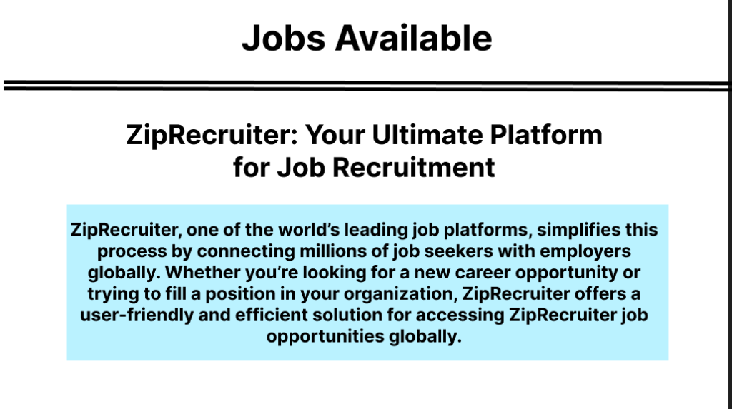 ZipRecruiter platform showcasing ZipRecruiter job opportunities globally for job seekers and employers.